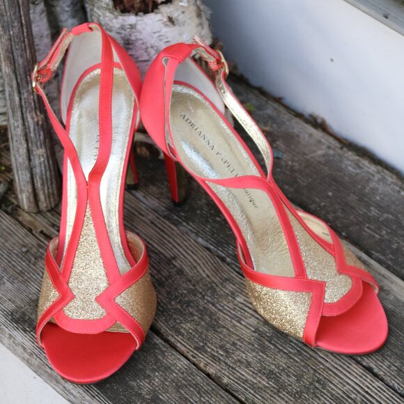 Adrianna Papell Coral & Gold Satin, Leather & Glitter Peep Toe Ankle Strap Heels - Picture 1 of 10